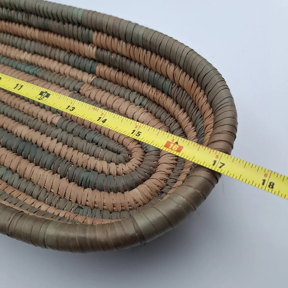 Set Of‎ 2 Hand Woven African Hausa Style Coiled Grass Nesting Baskets Green Tan